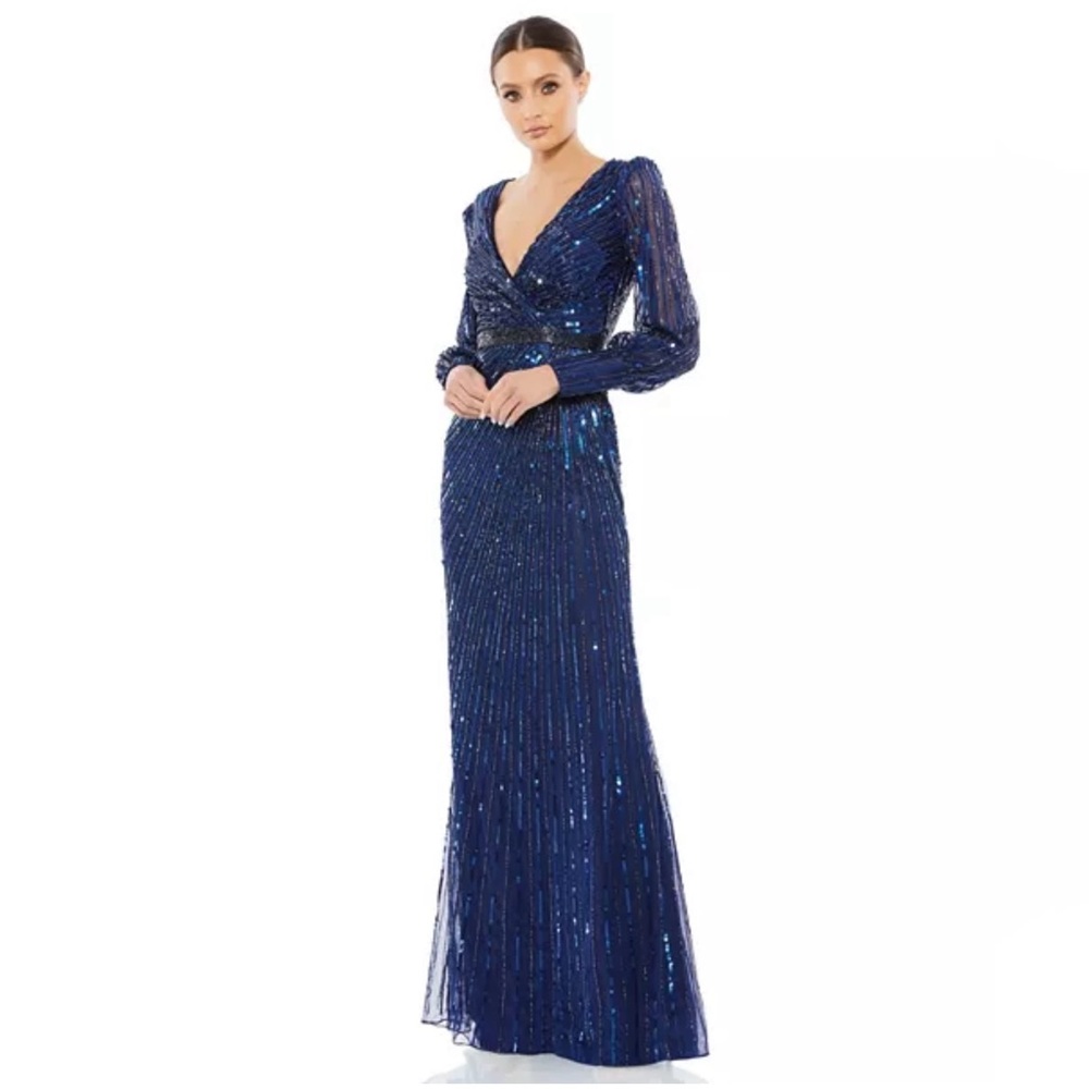 Mac Duggal Women's Sequined Wrap Over Bishop Sleeve Gown, NWT